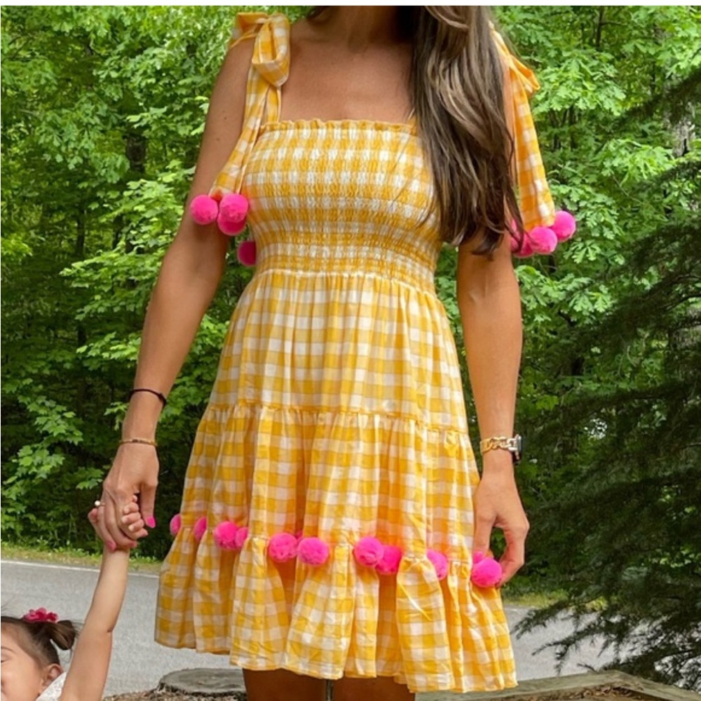 Sundress womans Yellow Gingham with Pink Pom Pom Trim mini dress size S